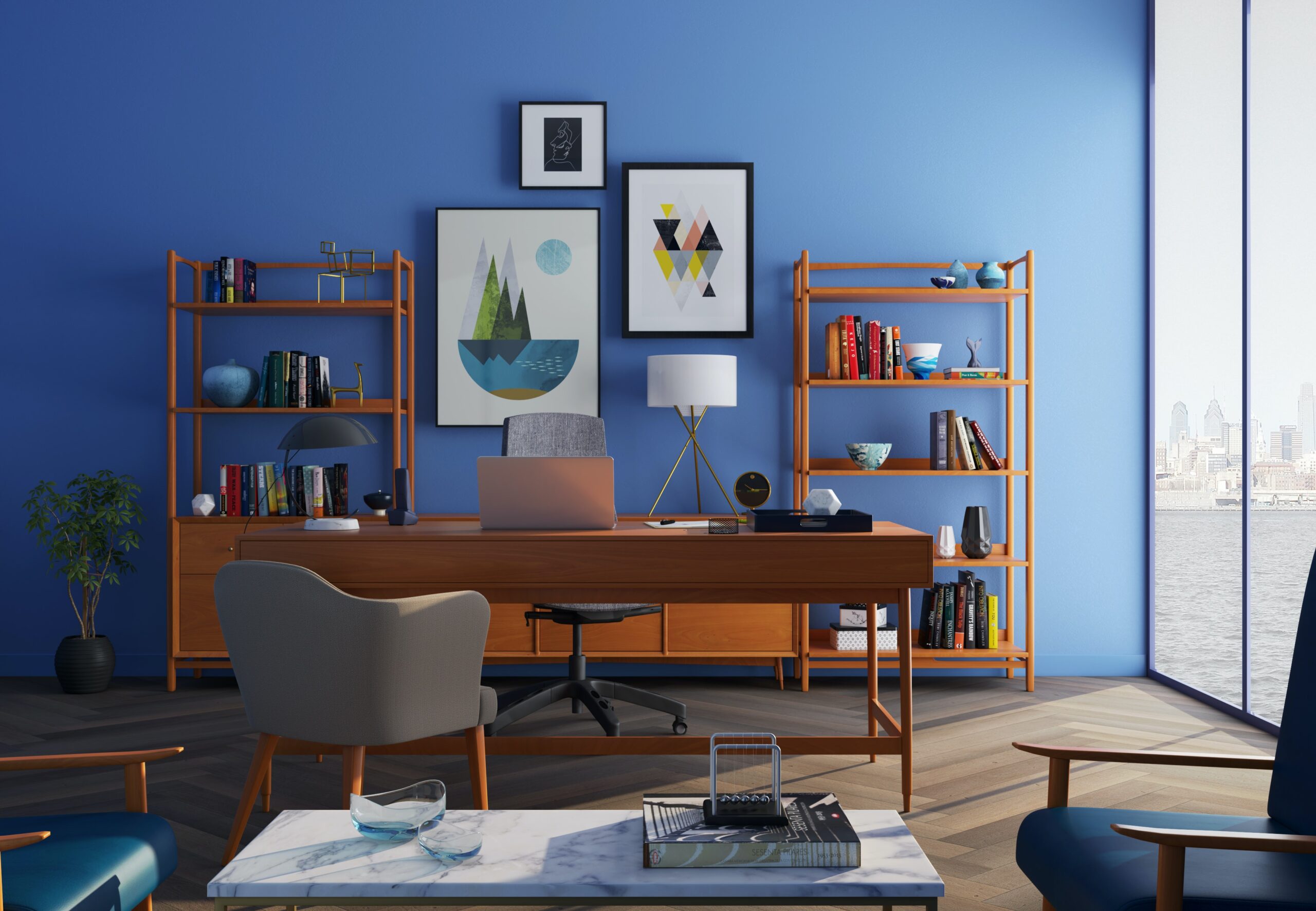 Blue wall midcentury modern home office