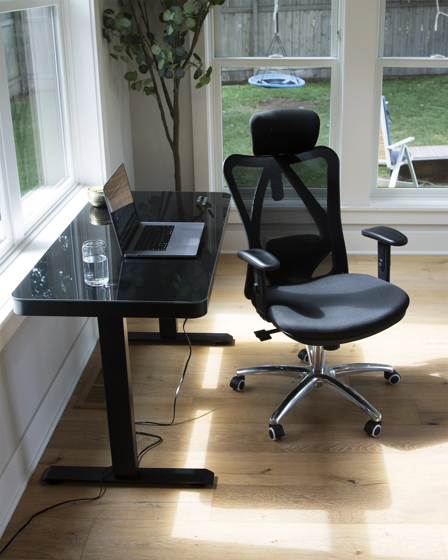 An ergonomic chair adds functionality to office decor.